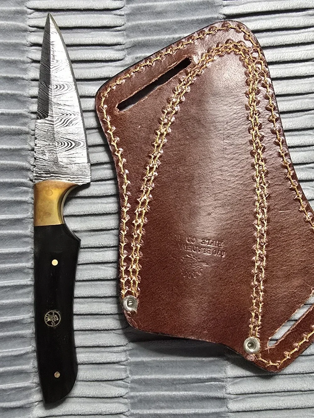 970 BladeWorks Fixed Damascus Blade Bull Horn Handle Leather Cross Sheath🔥